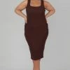 Public Desire UK KAIIA CLOTHING Curve Bodycon Scoop Neck Midi Dress Chocolate