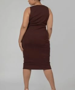 Public Desire UK KAIIA CLOTHING Curve Bodycon Scoop Neck Midi Dress Chocolate