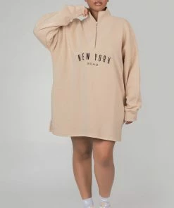 Public Desire UK KAIIA CLOTHING Curve Oversize Half Zip Sweater Dress Stone