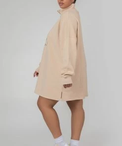 Public Desire UK KAIIA CLOTHING Curve Oversize Half Zip Sweater Dress Stone