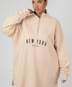 Public Desire UK KAIIA CLOTHING Curve Oversize Half Zip Sweater Dress Stone