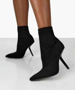 Public Desire UK ANKLE BOOTS Chantelle Black Pointed Toe Stiletto Heel Sock Boots