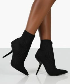 Public Desire UK ANKLE BOOTS Chantelle Black Pointed Toe Stiletto Heel Sock Boots