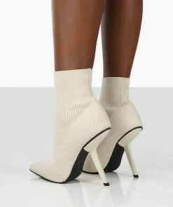 Public Desire UK Chantelle Ecru Pointed Toe Stiletto Heel Sock Boots