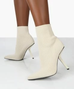 Public Desire UK Chantelle Ecru Pointed Toe Stiletto Heel Sock Boots 6 Public Desire UK Chantelle Ecru Pointed Toe Stiletto Heel Sock Boots