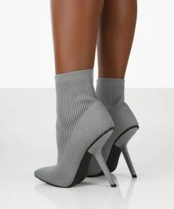 Public Desire UK Chantelle Grey Pointed Toe Stiletto Heel Sock Boots