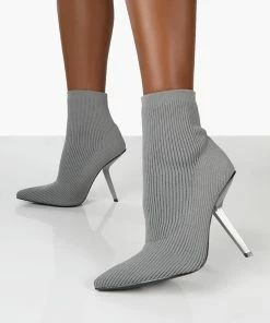 Public Desire UK Chantelle Grey Pointed Toe Stiletto Heel Sock Boots