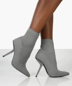 Public Desire UK Chantelle Grey Pointed Toe Stiletto Heel Sock Boots