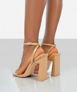 Public Desire UK Charlotte Camel Patent Square Toe Strappy Block Heels