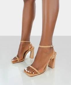 Public Desire UK Charlotte Camel Patent Square Toe Strappy Block Heels 6 Public Desire UK Charlotte Camel Patent Square Toe Strappy Block Heels
