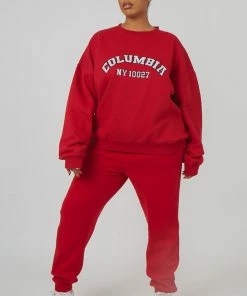 Public Desire UK Curve Oversized Embroidered Slogan 90S Joggers Red