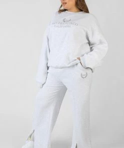 Public Desire UK Curve Oversized Embroidered Split Front Joggers Oatmeal Marl