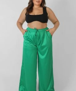 Public Desire UK Curve Satin Wide Leg Trousers Green