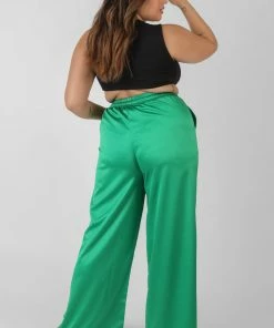 Public Desire UK Curve Satin Wide Leg Trousers Green