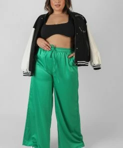 Public Desire UK Curve Satin Wide Leg Trousers Green