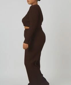 Public Desire UK KAIIA CLOTHING Curve Lace Up Ribbed Knitted Crop Top Chocolate