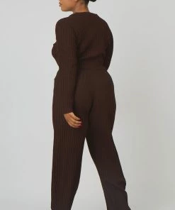 Public Desire UK KAIIA CLOTHING Curve Lace Up Ribbed Knitted Crop Top Chocolate