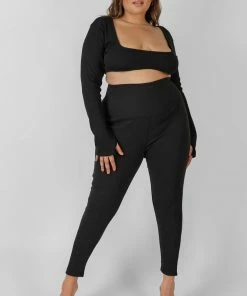 Public Desire UK KAIIA CLOTHING Curve Thick Waistband Ribbed Leggings Black