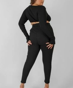Public Desire UK KAIIA CLOTHING Curve Thick Waistband Ribbed Leggings Black
