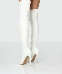 Public Desire UK Long Boots Confidence White Stiletto Heeled Over The Knee PU Boots