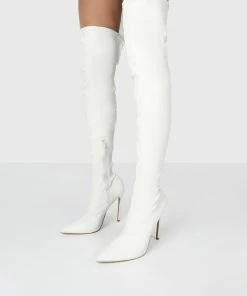 Public Desire UK Long Boots Confidence White Stiletto Heeled Over The Knee PU Boots