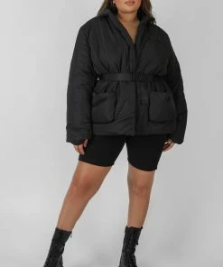Public Desire UK KAIIA CLOTHING Curve Belted Puffer Blazer Black