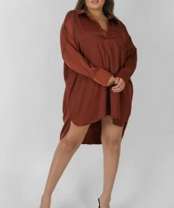 Public Desire UK Curve Satin Shirt Dress Chocolate KAIIA CLOTHING