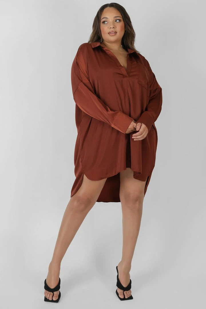 Public Desire UK Curve Satin Shirt Dress Chocolate KAIIA CLOTHING 1 Public Desire UK Curve Satin Shirt Dress Chocolate KAIIA CLOTHING