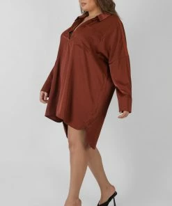 Public Desire UK Curve Satin Shirt Dress Chocolate KAIIA CLOTHING