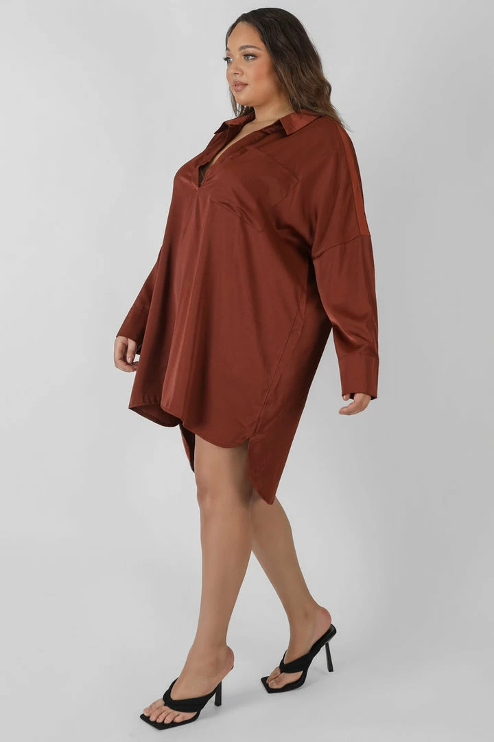 Public Desire UK Curve Satin Shirt Dress Chocolate KAIIA CLOTHING 2 Public Desire UK Curve Satin Shirt Dress Chocolate KAIIA CLOTHING