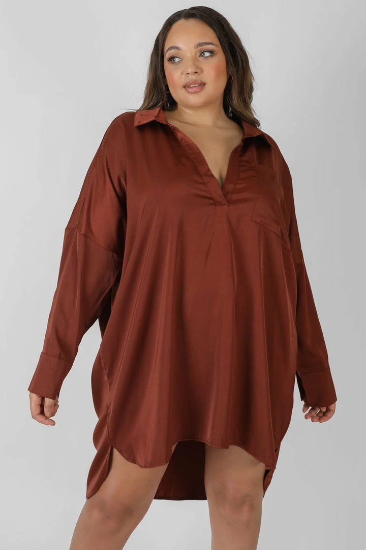 Public Desire UK Curve Satin Shirt Dress Chocolate KAIIA CLOTHING 4 Public Desire UK Curve Satin Shirt Dress Chocolate KAIIA CLOTHING