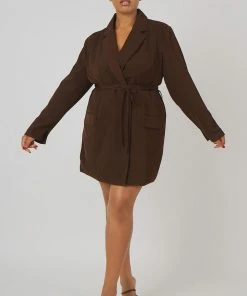 Public Desire UK Curve Wrap Belt Blazer Dress Chocolate