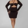 Public Desire UK Curve Slinky Ruch Bust Cut Out Long Sleeved Dress Chocolate