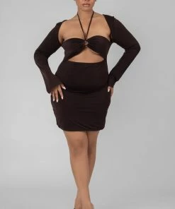 Public Desire UK Curve Slinky Ruch Bust Cut Out Long Sleeved Dress Chocolate