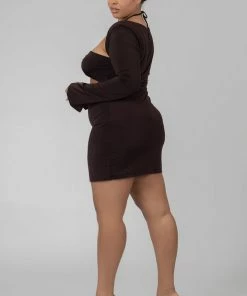Public Desire UK Curve Slinky Ruch Bust Cut Out Long Sleeved Dress Chocolate