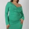 Public Desire UK KAIIA CLOTHING Curve Twist Wrap Gather Long Sleeve Mini Dress Green