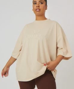 Public Desire UK KAIIA CLOTHING Curve Tonal Embroidered Tee Stone