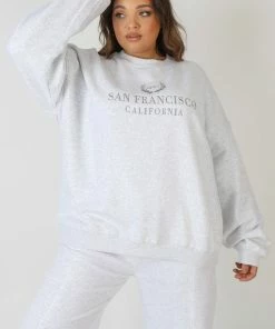 Public Desire UK KAIIA CLOTHING Curve Oversized Embroidered Sweatshirt Oatmeal Marl