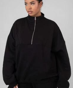 Public Desire UK Curve Oversized Half Zip Pocket Front Sweatshirt Black