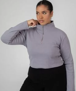 Public Desire UK KAIIA CLOTHING Curve High Neck Half Zip Top Grey Acid Wash