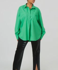 Public Desire UK Curve Oversized Pocket Poplin Shirt Green