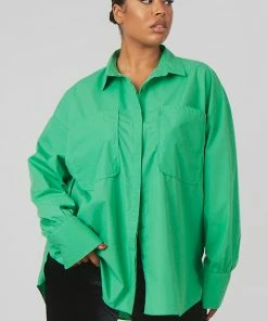 Public Desire UK Curve Oversized Pocket Poplin Shirt Green
