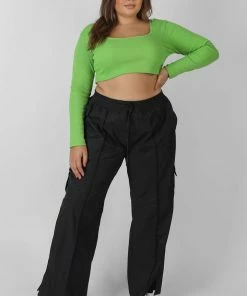 Public Desire UK Curve Split Black Hem Cargo Trousers Black