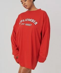 Public Desire UK Curve Columbia Slogan Long Sleeved T-Shirt Dress Red
