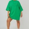 Public Desire UK KAIIA CLOTHING Curve Tonal Embroidered Oversized T-Shirt Dress Green