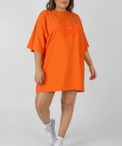 Public Desire UK Curve Manhattan Embroidered Oversized T-Shirt Dress Orange KAIIA CLOTHING