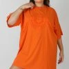 Public Desire UK Curve Manhattan Embroidered Oversized T-Shirt Dress Orange KAIIA CLOTHING