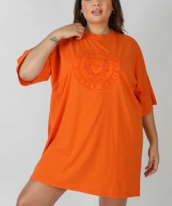 Public Desire UK Curve Manhattan Embroidered Oversized T-Shirt Dress Orange KAIIA CLOTHING