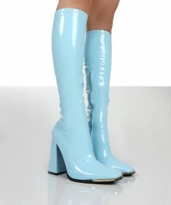 Public Desire UK Caryn Blue Patent Knee High Heeled Boots Long Boots