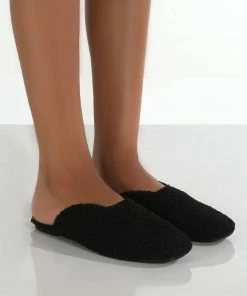 Public Desire UK Ciao Black Teddy Slip On Slippers